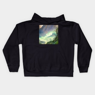 Digital Painting of a Beautiful Nature With High Mountains With Fog Kids Hoodie